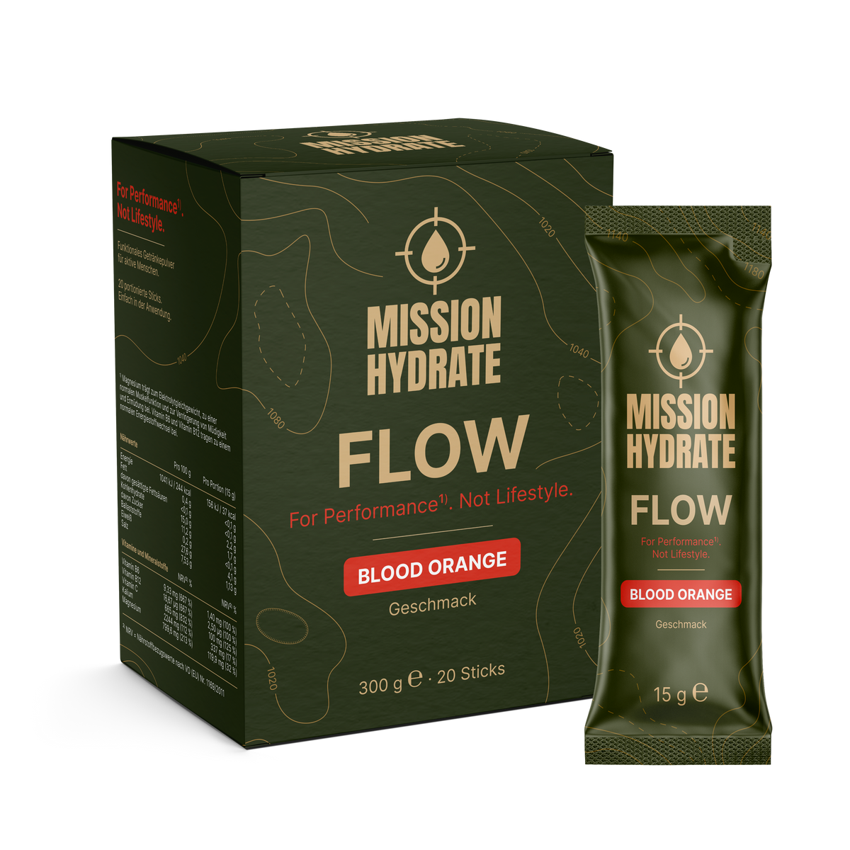 Mission Hydrate FLOW Elektrolyt-Sticks Blood Orange – Box mit 20 Sticks und Einzel-Sachet, 6g BCAA & Elektrolyte pro Stick