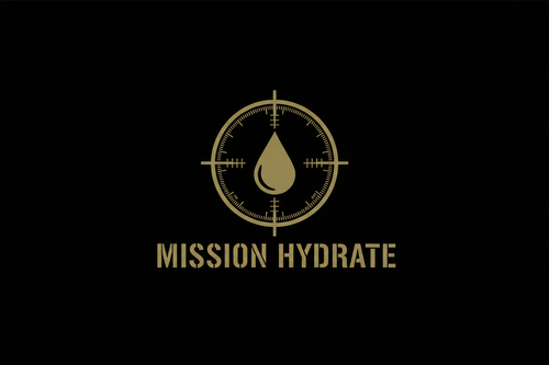 A minimalist and tactical logo design for a performance hydration brand called "MISSION HYDRATE". The logo must feature the following core elements:

A central, simple water drop icon.

A highly detailed, circular sniper crosshair (reticle) surrounding the water drop.

Below the icon, the brand name "MISSION HYDRATE" in a bold, military-style stencil font.

Style/Color: The entire design must be rendered in a single, deep bronze/olive gold color (similar to HEX #B89A53) against a plain, black background. Th